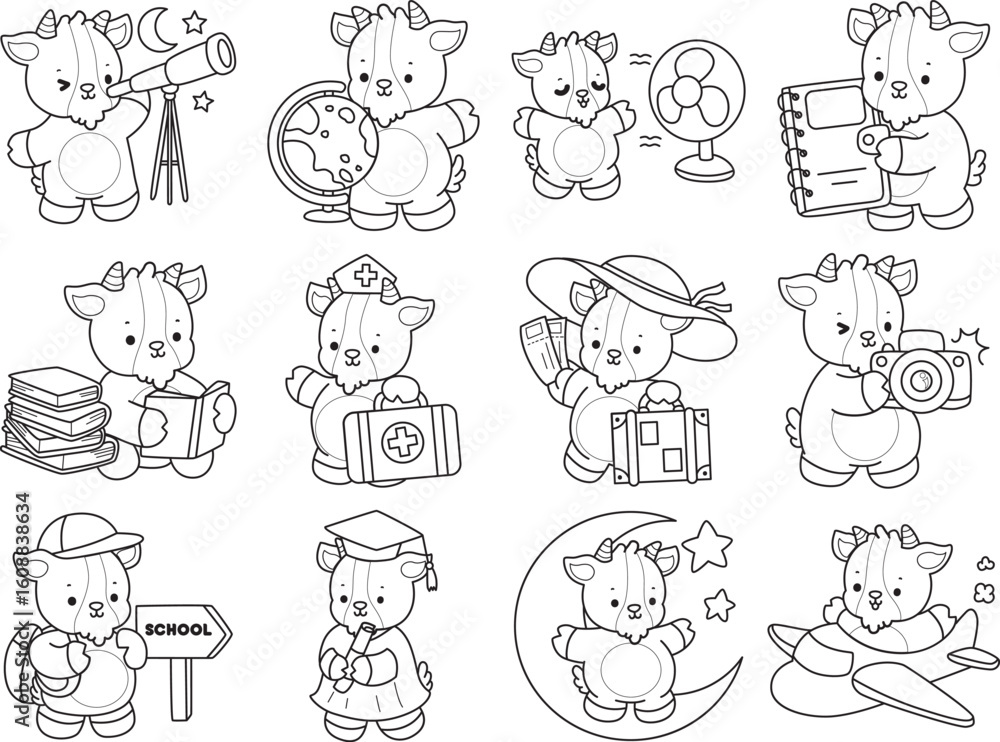 Coloring pages of cute goat animal icon stickers.
Coloring pages of cute goat animal icon stickers.