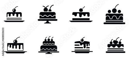 Cake Icons Set with Cherry Topping in Black and White Perfect for Bakery or Dessert Related Designs