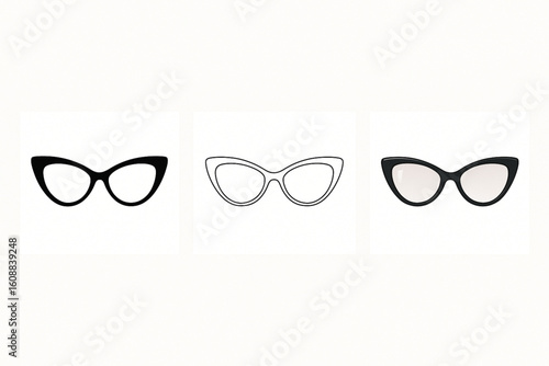 Hand-drawn illustration of three pairs of cat-eye glasses, one black silhouette, one outlined, and one with shaded lenses, on a white background.