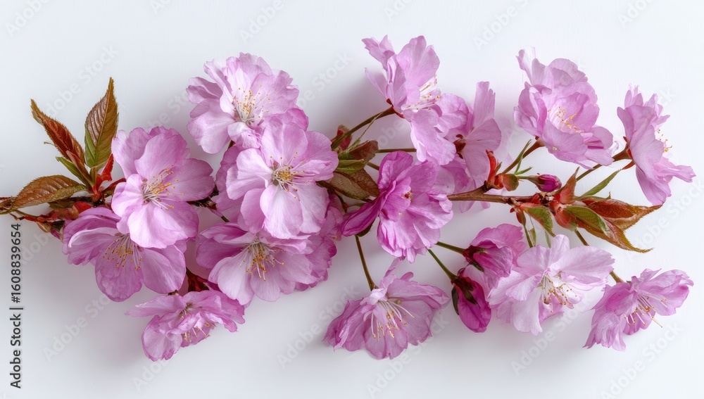 Fototapeta premium Delicate pink cherry blossoms arranged on a branch, showing soft petals and delicate leaves, against a plain white background