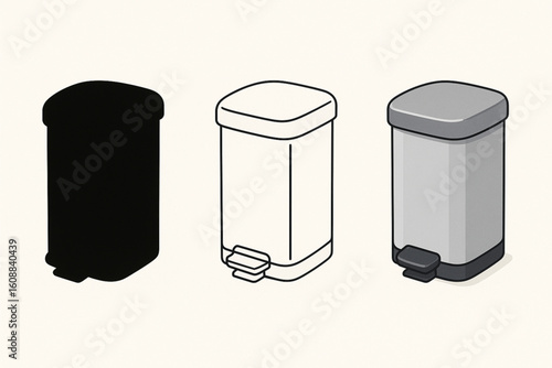 Hand-drawn illustration of three trash cans, one black silhouette, one outlined with a pedal, and one gray with a pedal, on a beige background.