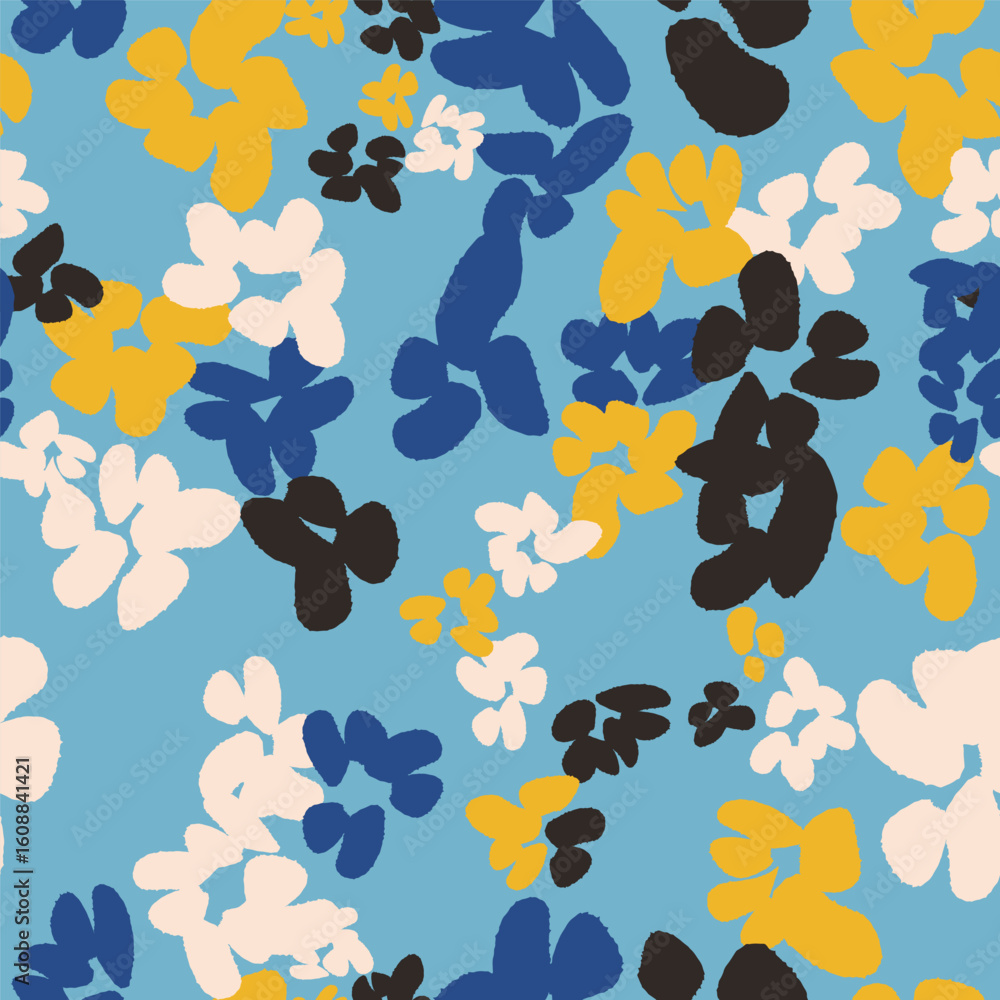 Fototapeta premium Floral colorful seamless pattern with abstract different flowers. Vector blue background, design, print