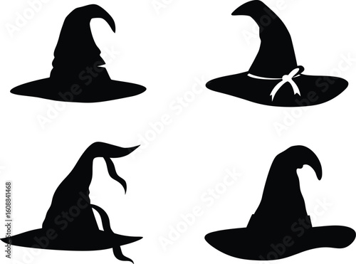 Set of Halloween witch hat black silhouette. Set of different witch hats vector illustration editable file. Witch, hat, halloween cap.
