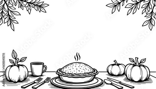 Thanksgiving table set with pie and cider – Family gathering holiday illustration