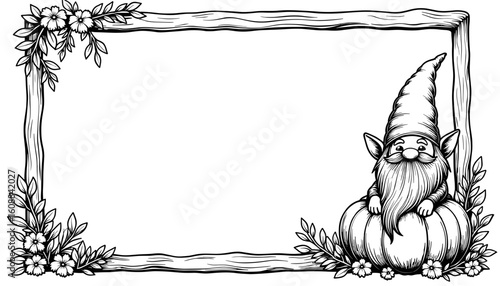 Thanksgiving gnome hiding in pumpkin frame – Cute coloring page design for kids