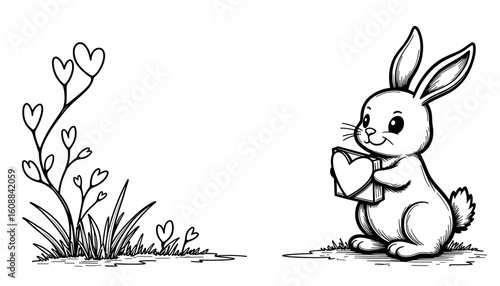 Bunny mailing heart-shaped letters, Valentine’s Day frame for kids’ coloring