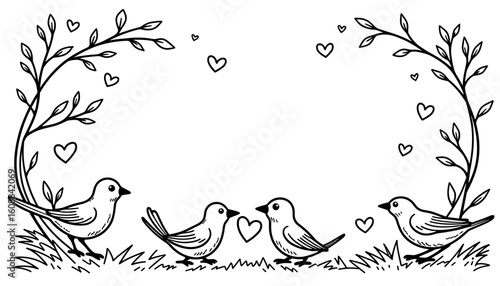 Birds delivering heart-shaped mail – Valentine’s Day frame, kids coloring book