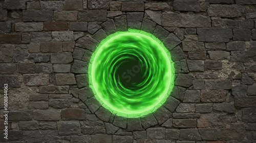 Green glowing portal in a stone wall with texture