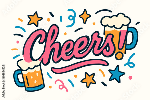 Colorful Celebratory Cheers Graphic with Beer Mugs and Festive Elements