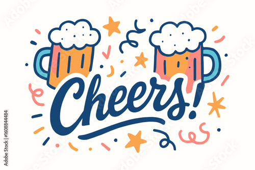 Festive Cheers Illustration with Beer Mugs and Confetti for Celebrations and Social Events