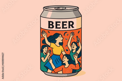Illustrated Beer Can with Festive Women Dancing in Joyful Celebration on Pink Background