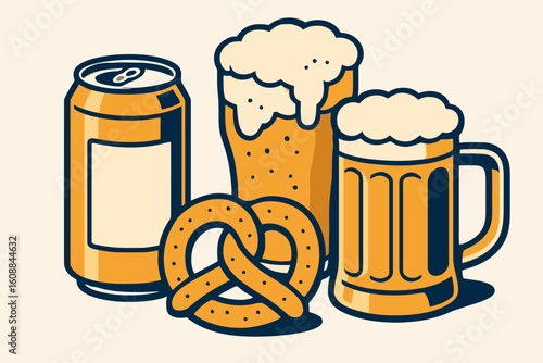 Illustrated Beer and Pretzel Set with Foamy Mugs and Canned Beverage