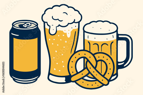 Illustration of Beer Can, Pint Glass, Mug, and Pretzel for Oktoberfest Celebration
