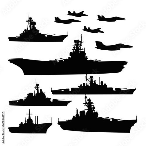 Naval Fleet and Fighter Jet Silhouette Set