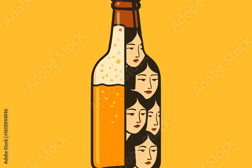 Surreal Illustration of a Beer Bottle with Women's Faces Highlighting Alcoholism and Identity