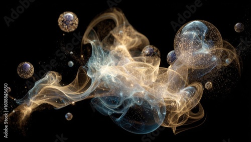 Abstract cosmic scene with swirling, luminous clouds and celestial orbs