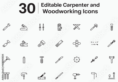Carpenter woodworking tools and equipment icons