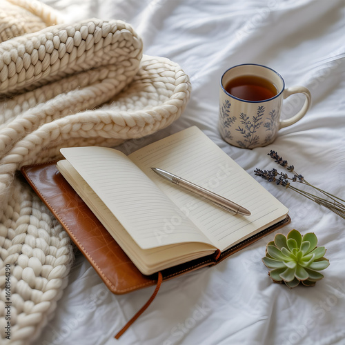 A Warm and Cozy Setup Featuring a Journal, Pen, and Tea by the Sunny Window
