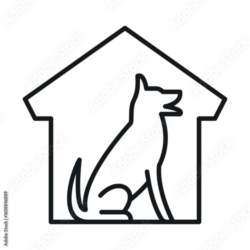 Pet hotel icon depicting a dog under the roof in minimalistic vector style for pet care and maintenance services and businesses.