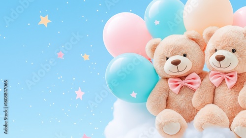 Two cute teddy bears with pink bows sitting on a fluffy cloud, surrounded by pastel balloons and stars in a blue sky, creating a dreamy, cheerful, and whimsical atmosphere for children.