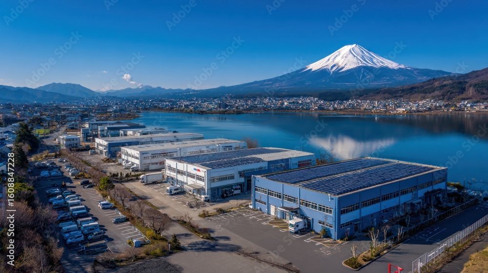 Obraz premium Aerial view of structures, a lake, and a snow-capped mountain against a vibrant blue sky