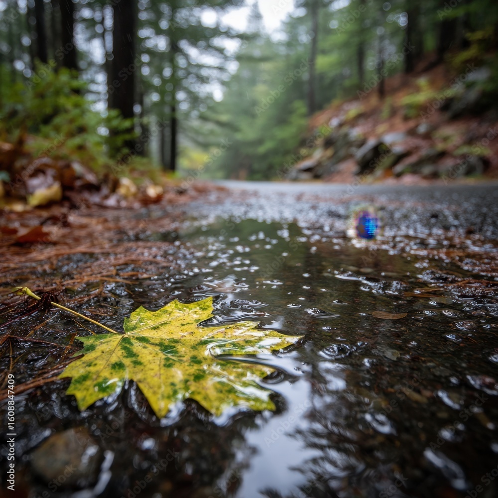 Fototapeta premium Autumn leaf rests in a puddle reflecting the forest above after a rain shower creating a serene and peaceful woodland scene.