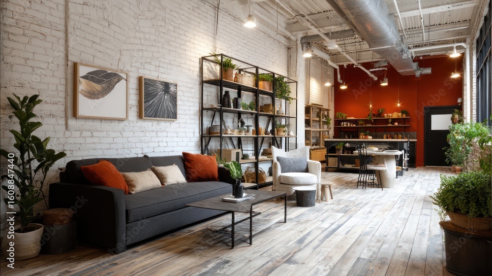 Fototapeta premium Urban living space with exposed brick, wood floor, and natural light in open space