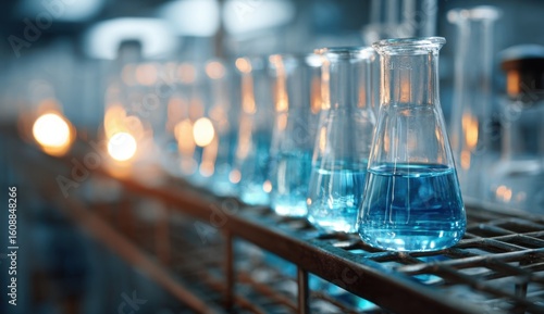 Blue liquid in laboratory glassware creates a captivating scene of scientific exploration and discovery in a brightly lit research environment.