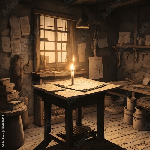 A warm rustic room with candlelit desk and walls lined with old papers 