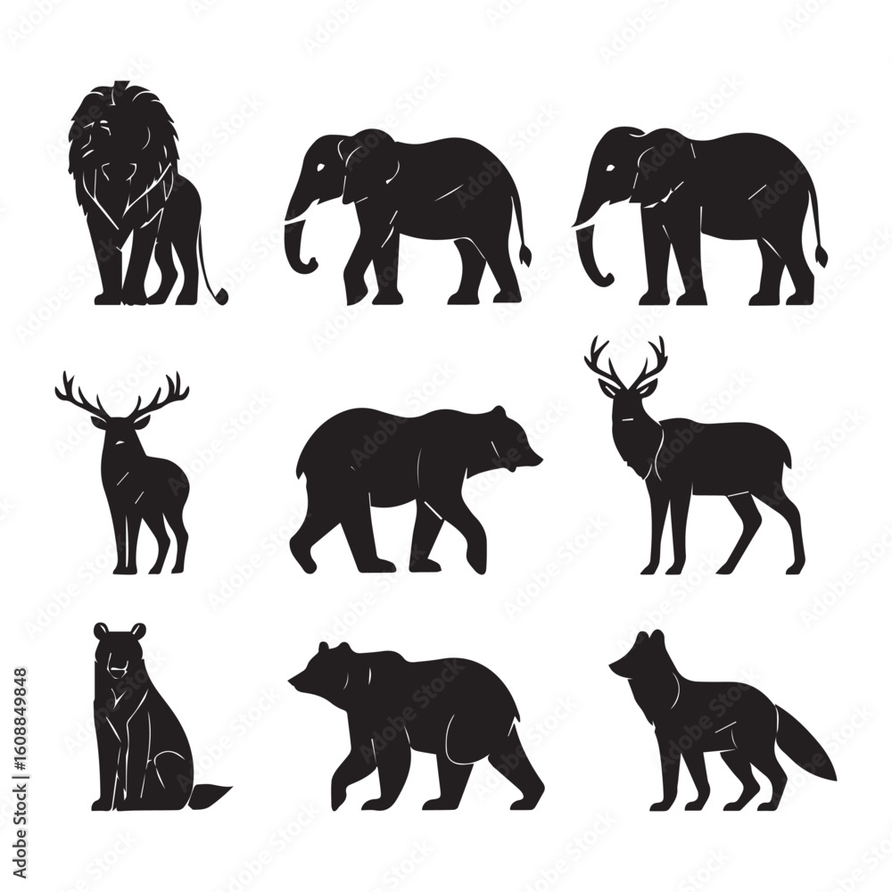 Fototapeta premium Collection of black animal silhouettes isolated on white background isolated on transparent background