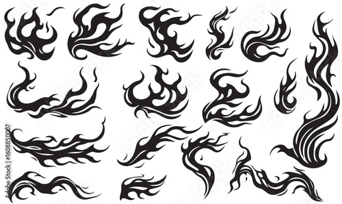 Flame silhouette. Black fire set isolated on white background. Old school tattoo neo-tribal style or silhouette flame for cars. Minimalistic stylish fire outline and filled contour. Vector set, v2