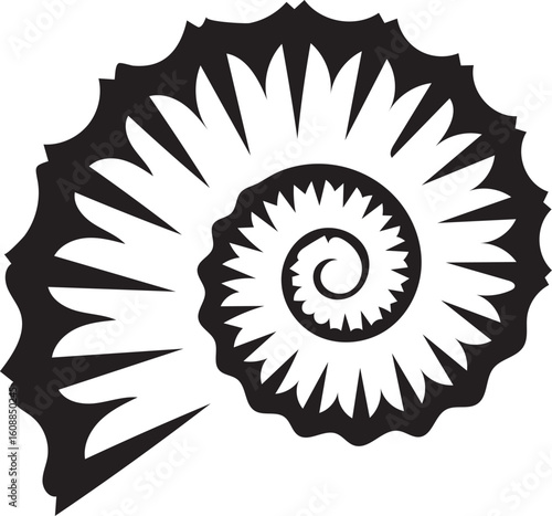 Stylized Ammonite Fossil Depiction An Elegant Black and White Rendering of Ancient Marine Life and Paleontological Illustration