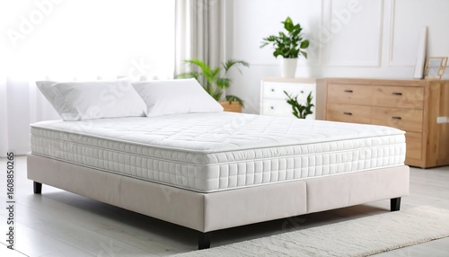 White mattress on platform bed in bright bedroom
