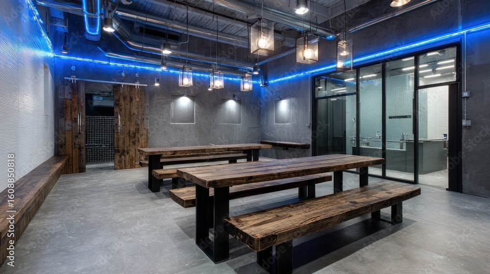 Fototapeta premium Modern room with exposed ceiling, wooden tables/benches, a glass door, and blue neon lighting