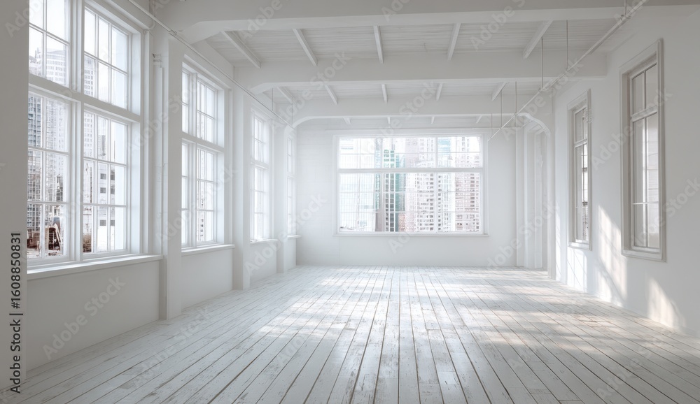 Fototapeta premium Bright sunlight streams through large illuminating an expansive empty room with white walls and wooden floors creating a sense of