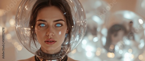 Portrait of a Futuristic Woman with a Helmet and Bright Blue Eyes, CloseUp.