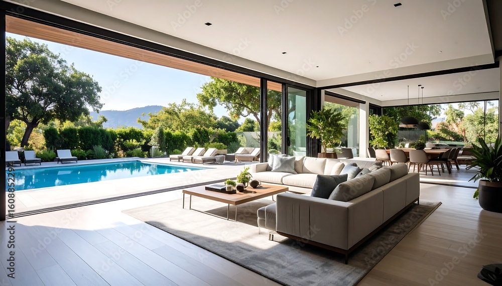 Fototapeta premium Stunning modern home with luxury pool view, inviting indoor outdoor living and elegant furnishings