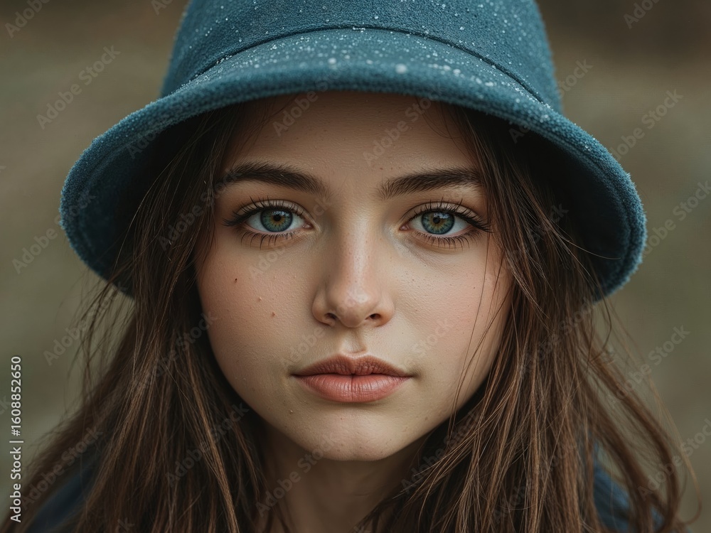 Portrait of a Young Woman with Blue Eyes and a Blue Hat, Intense Stare, Outdoors. Portrait of a Young Woman with Blue Eyes and a Blue Hat, Intense Stare, Outdoors.