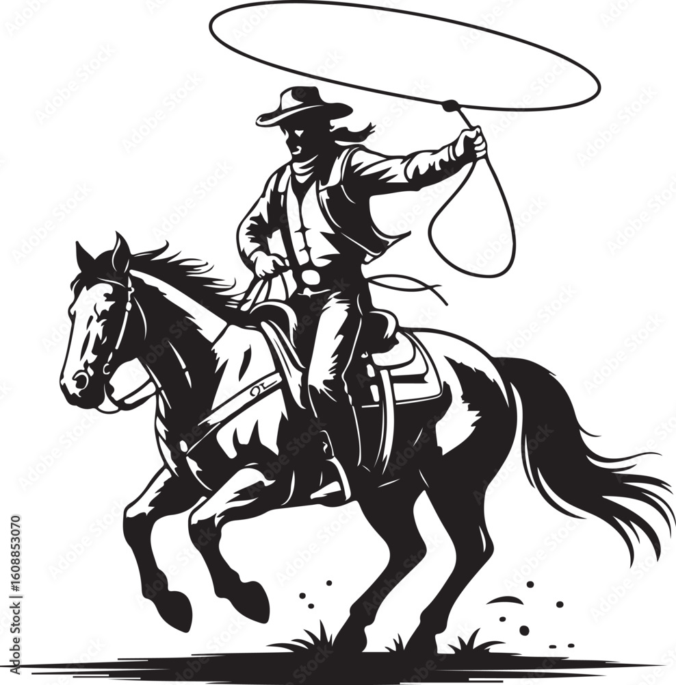 Fototapeta premium Cowboy Riding Horse Vector Illustration with Lasso in Action