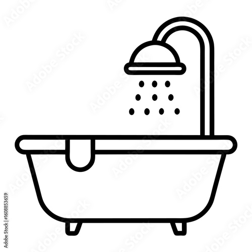 Black and white line art icon of a bathtub isolated on white background