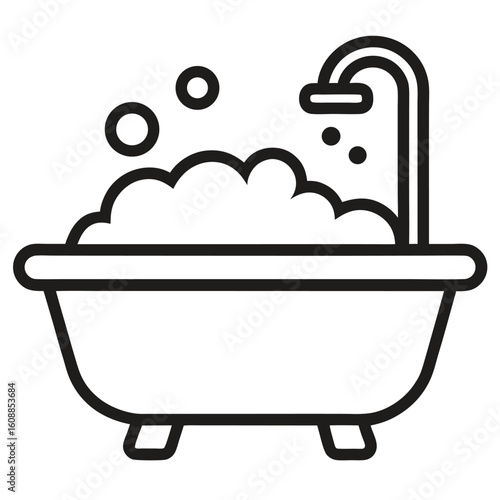 Black and white line icon of a bathtub isolated on white background