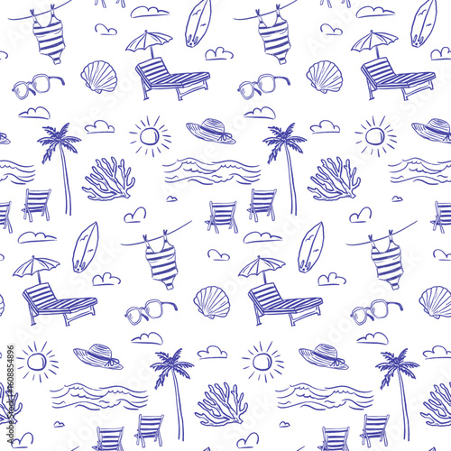 Whimsical seamless Italian coastal pattern with chaise longue, sunbed, palm, swimsuit, Mediterranean symbols with summer vacation mood. Vector illustration relaxed crayon sketch.