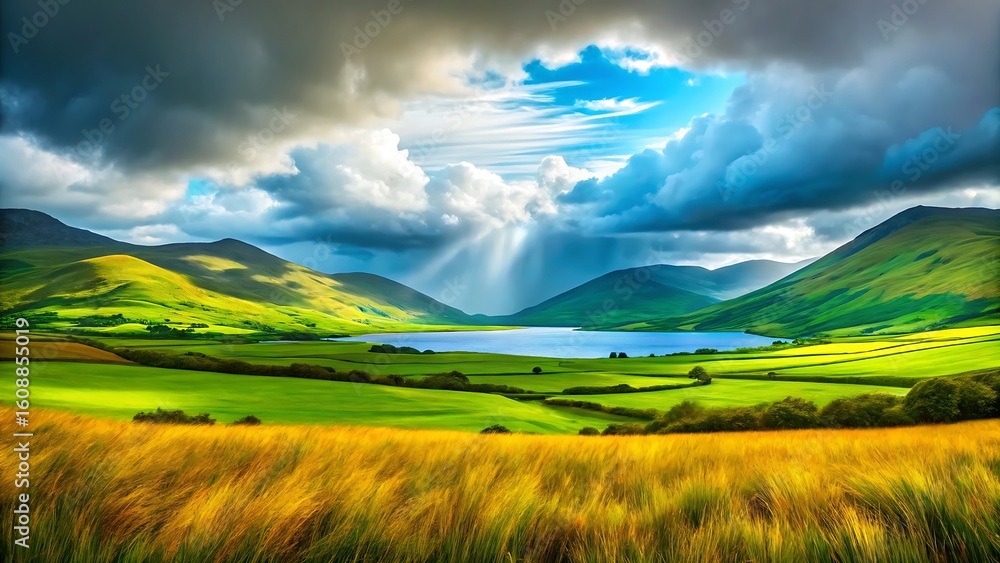 Obraz premium Dramatic sunbeams pierce stormy clouds over green valley