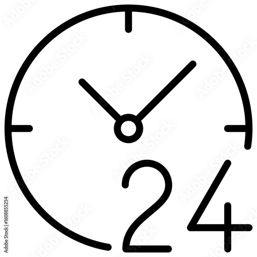 24h Service Outline Icon Design Vector - Clock icon with “24” label indicating around-the-clock availability
