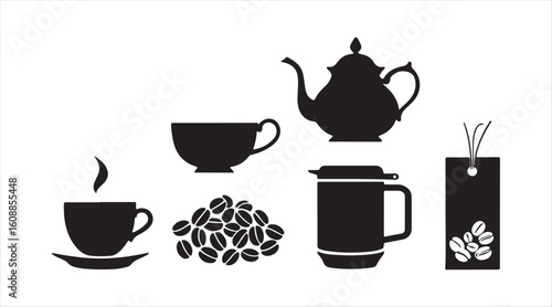 silhouette icon set that includes coffee and tea essentials: a coffee cup, teapot, takeaway mug, tea bag, and coffee beans, designed in solid black fill and a minimalistic style, isolated.