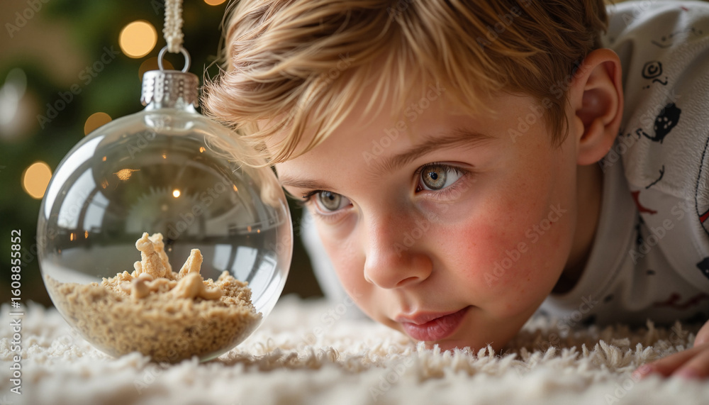 Naklejka premium Boy curiously observing holiday ornament on soft rug indoors 