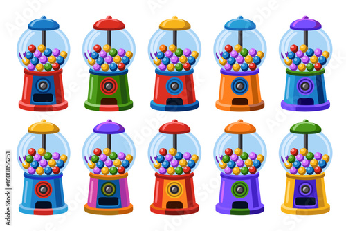 Gumball machine vector collection ideal for candy shops, childrens parties, printables, and graphic design projects needing a fun touch.