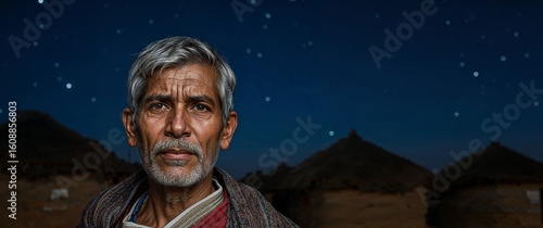 A Portrait of a Wise Old Man Under the Starry Sky in His Traditional Village.