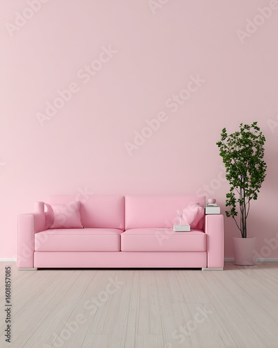 Minimalist pink interior with couch and plant