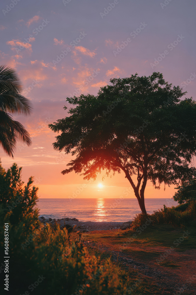 Obraz premium capture breathtaking sunset in tropical rainforest featuring isolated tree against serene backdrop